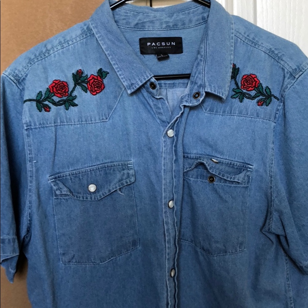 Denim Pac Sun Button Down w/ Rose Accent